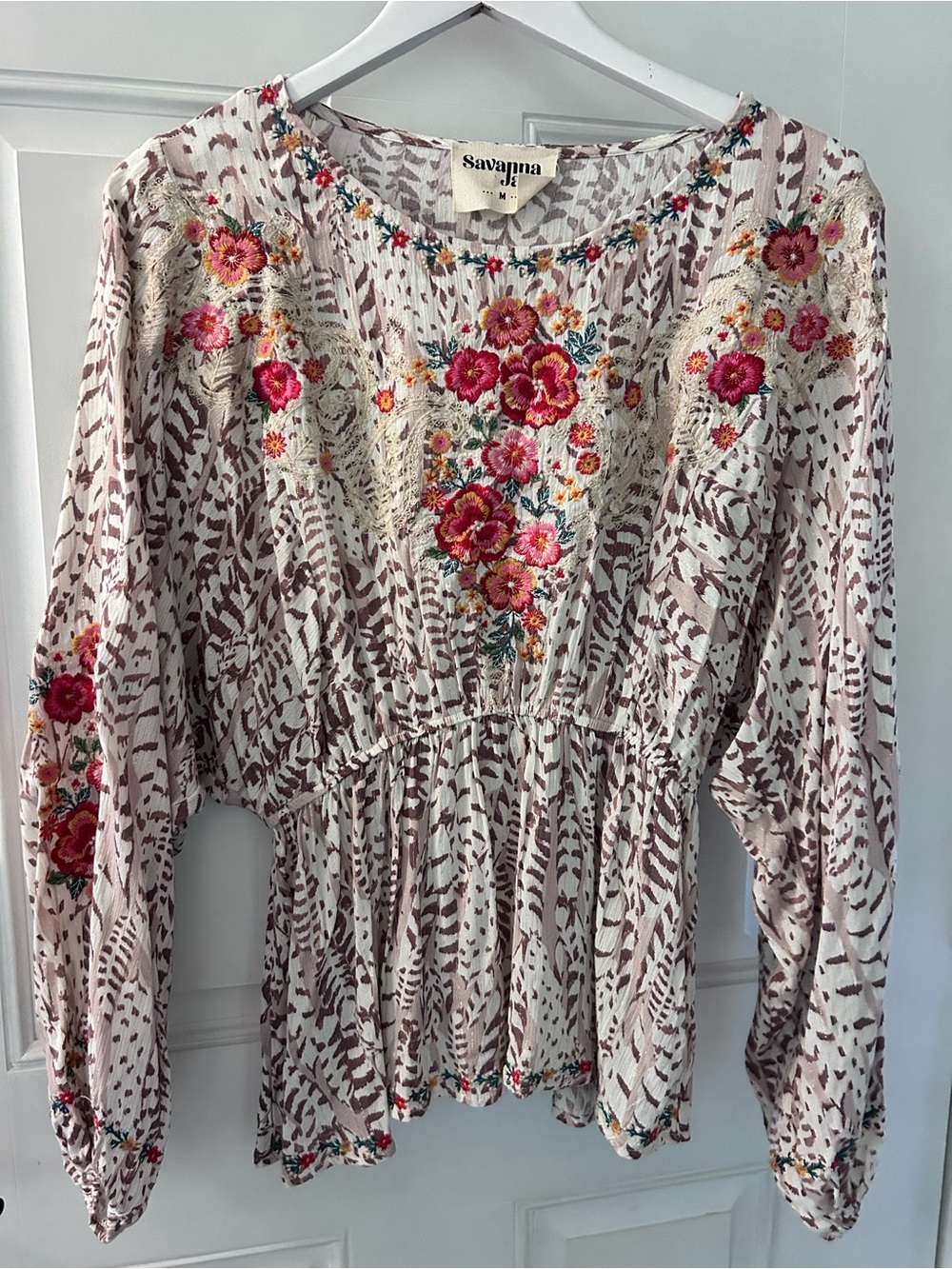 Savanna Jane Pink Peasant Blouse with Floral Embroidery